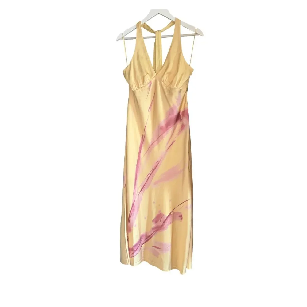 Abercrombie A&F Julia Slip Halter Maxi Dress Yellow Pink Floral NWOT Sz M Petite